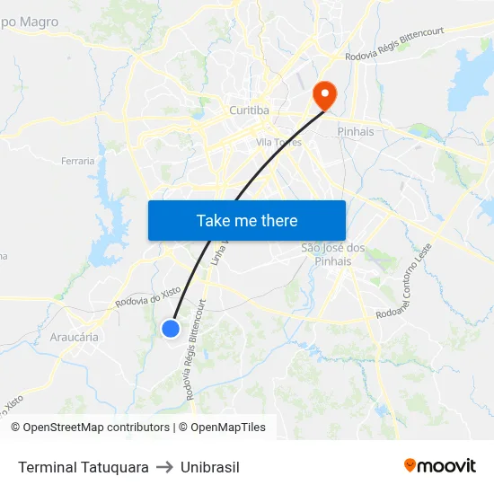 Terminal Tatuquara to Unibrasil map