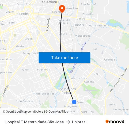 Hospital E Maternidade São José to Unibrasil map