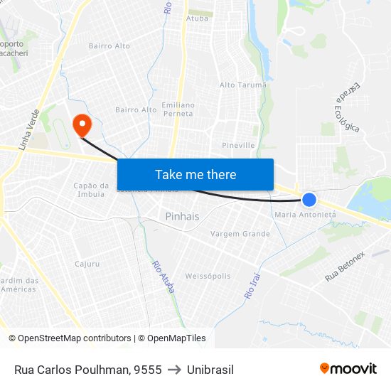 Rua Carlos Poulhman, 9555 to Unibrasil map