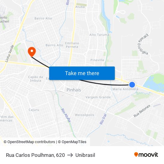 Rua Carlos Poulhman, 620 to Unibrasil map