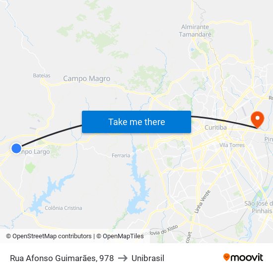 Rua Afonso Guimarães, 978 to Unibrasil map