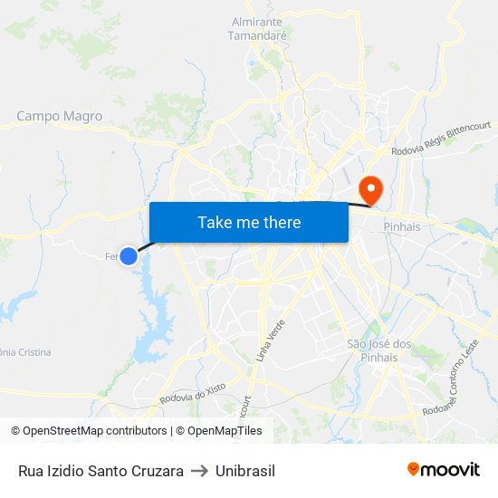 Rua Izidio Santo Cruzara to Unibrasil map