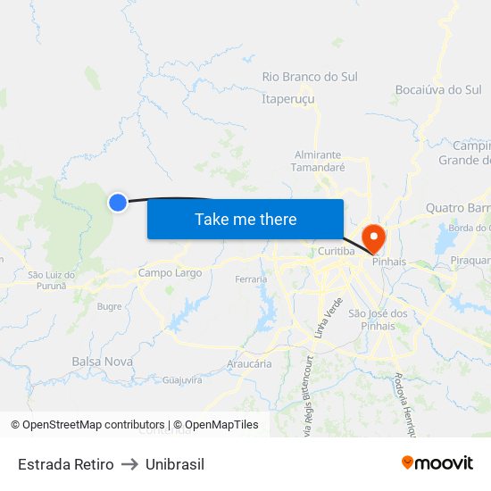 Estrada Retiro to Unibrasil map