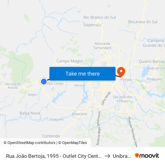 Rua João Bertoja, 1995 - Outlet City Center to Unibrasil map