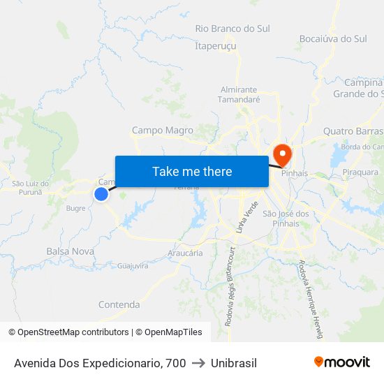 Avenida Dos Expedicionario, 700 to Unibrasil map