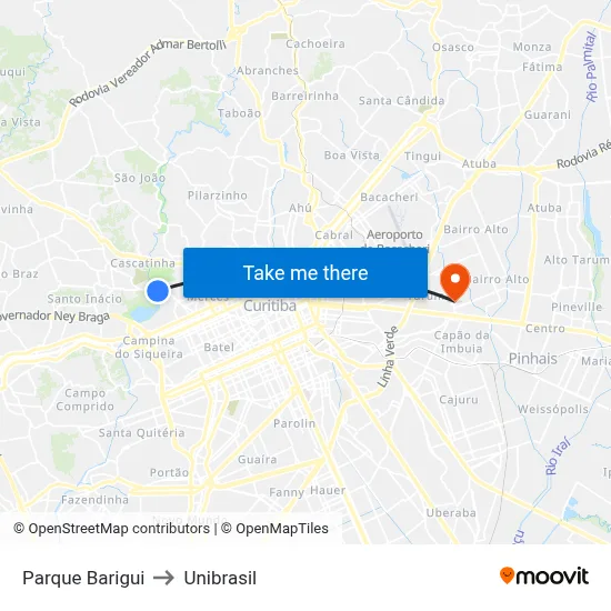 Parque Barigui to Unibrasil map
