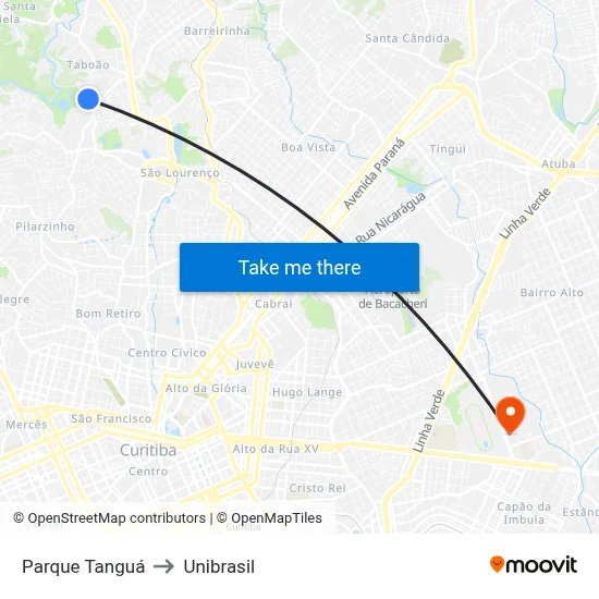 Parque Tanguá to Unibrasil map
