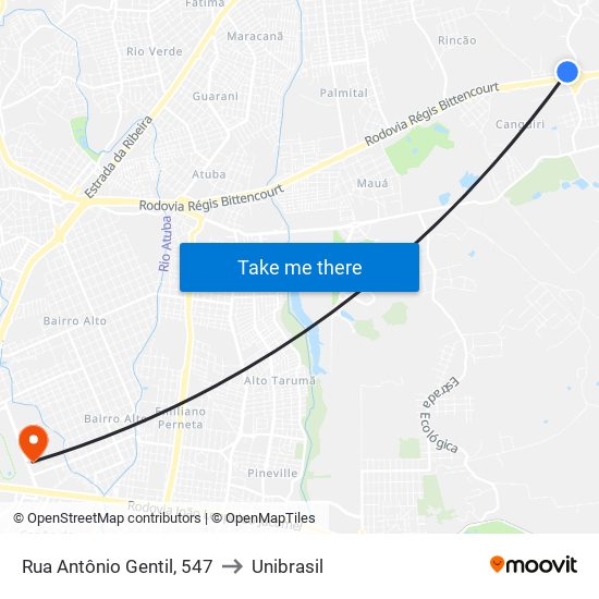 Rua Antônio Gentil, 547 to Unibrasil map