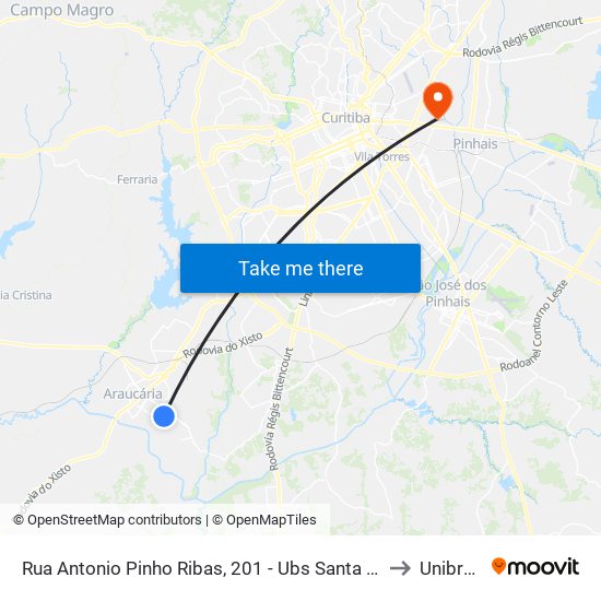 Rua Antonio Pinho Ribas, 201 - Ubs Santa Mônica to Unibrasil map
