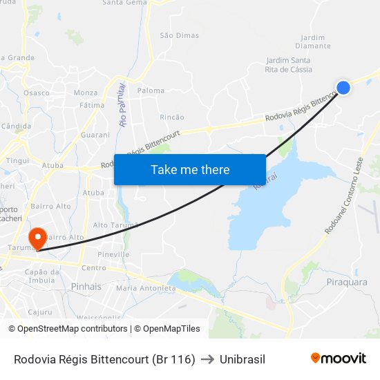 Rodovia Régis Bittencourt (Br 116) to Unibrasil map