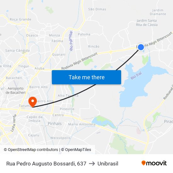 Rua Pedro Augusto Bossardi, 637 to Unibrasil map