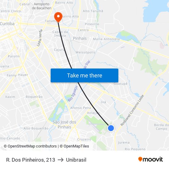 R. Dos Pinheiros, 213 to Unibrasil map