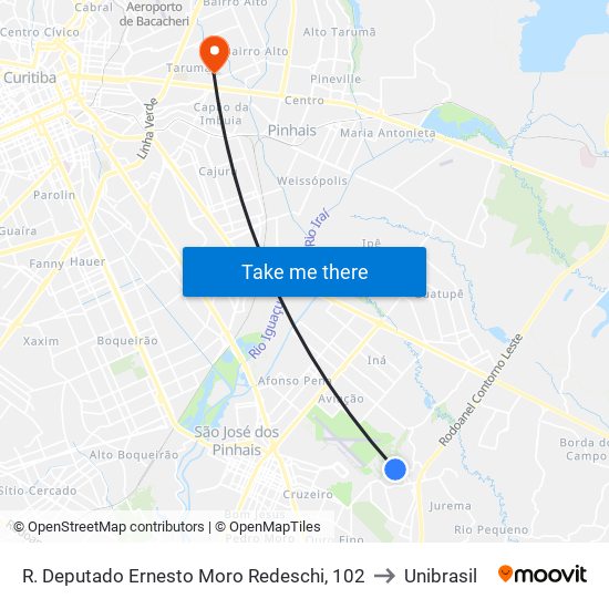 R. Deputado Ernesto Moro Redeschi, 102 to Unibrasil map