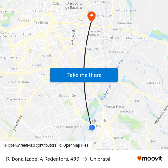 R. Dona Izabel A Redentora, 489 to Unibrasil map