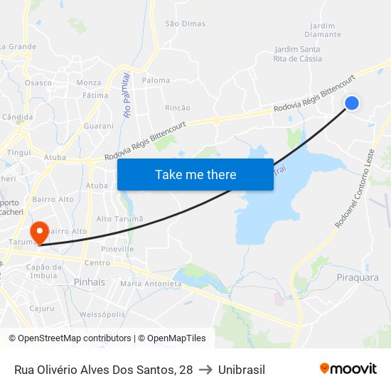 Rua Olivério Alves Dos Santos, 28 to Unibrasil map