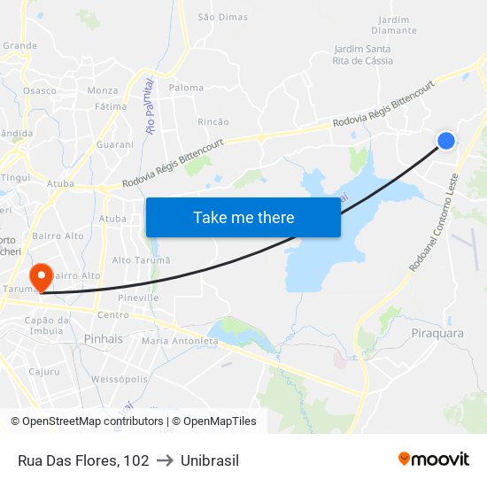 Rua Das Flores, 102 to Unibrasil map