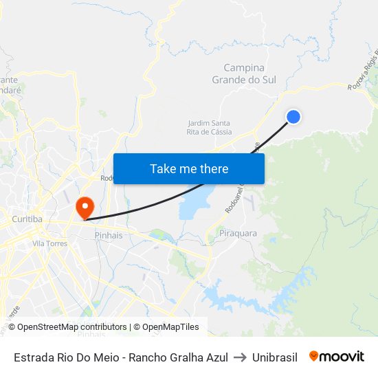 Estrada Rio Do Meio - Rancho Gralha Azul to Unibrasil map