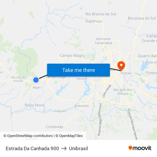 Estrada Da Canhada 900 to Unibrasil map