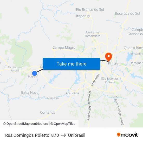 Rua Domingos Poletto, 870 to Unibrasil map