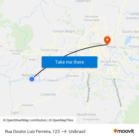 Rua Doutor Luiz Ferreira, 123 to Unibrasil map