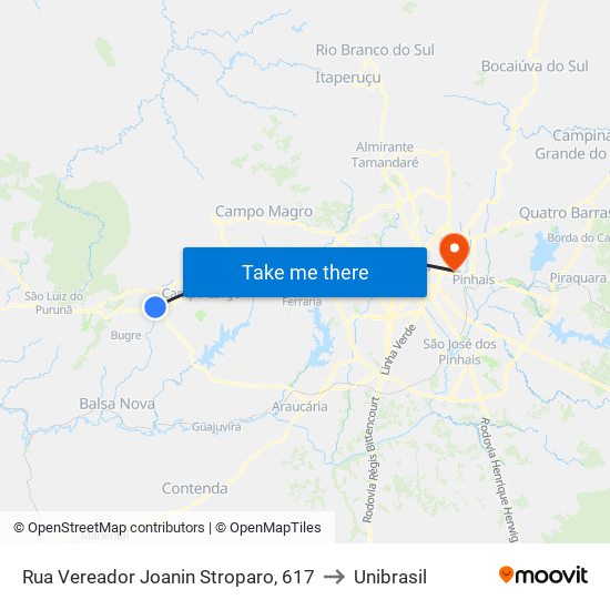 Rua Vereador Joanin Stroparo, 617 to Unibrasil map