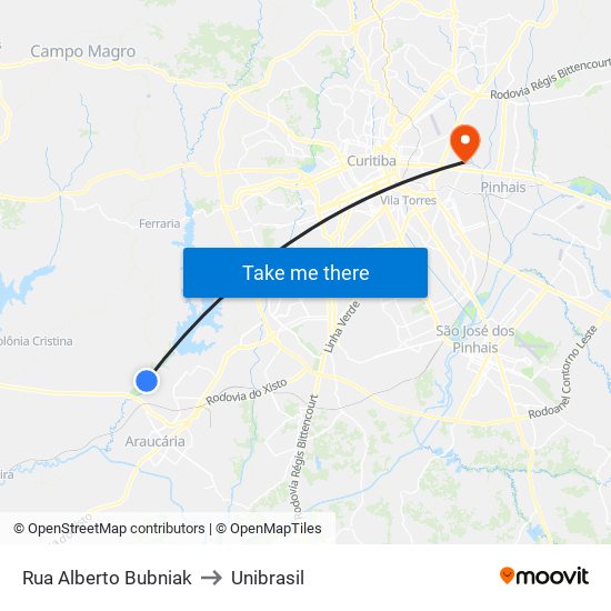 Rua Alberto Bubniak to Unibrasil map