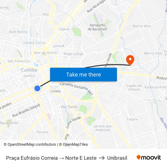 Praça Eufrásio Correia → Norte E Leste to Unibrasil map