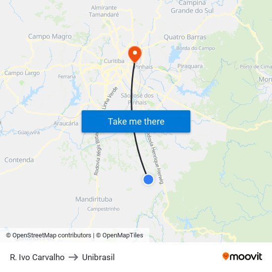 R. Ivo Carvalho to Unibrasil map