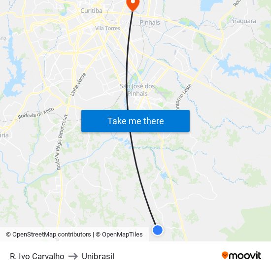 R. Ivo Carvalho to Unibrasil map
