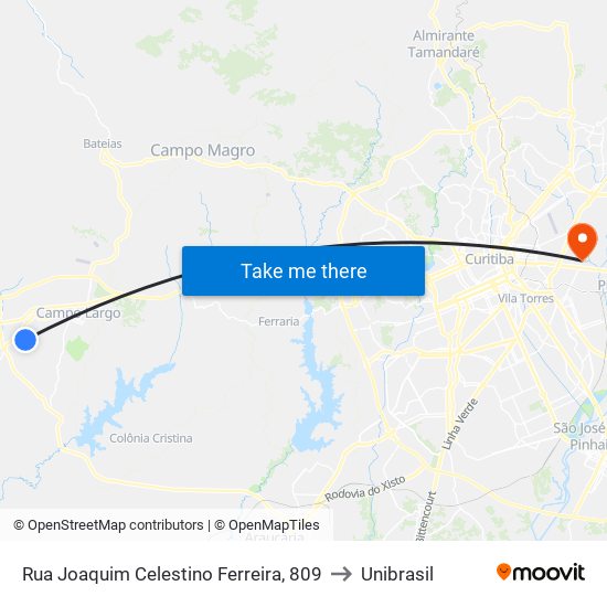 Rua Joaquim Celestino Ferreira, 809 to Unibrasil map