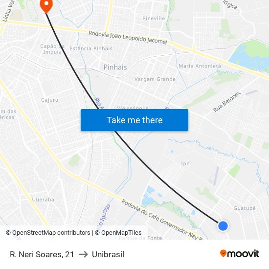 R. Neri Soares, 21 to Unibrasil map