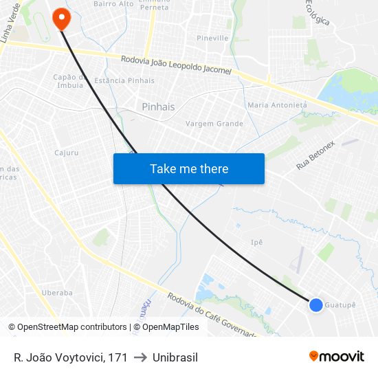 R. João Voytovici, 171 to Unibrasil map