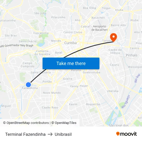 Terminal Fazendinha to Unibrasil map