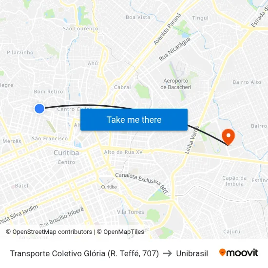 Transporte Coletivo Glória (R. Teffé, 707) to Unibrasil map