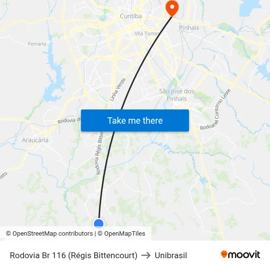 Rodovia Br 116 (Régis Bittencourt) to Unibrasil map