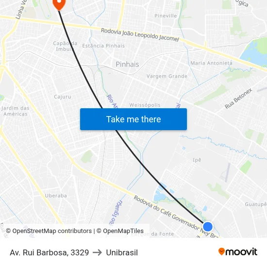 Av. Rui Barbosa, 3329 to Unibrasil map