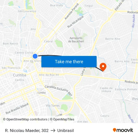 R. Nicolau Maeder, 302 to Unibrasil map