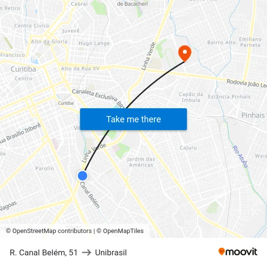 R. Canal Belém, 51 to Unibrasil map