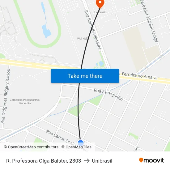 R. Professora Olga Balster, 2303 to Unibrasil map