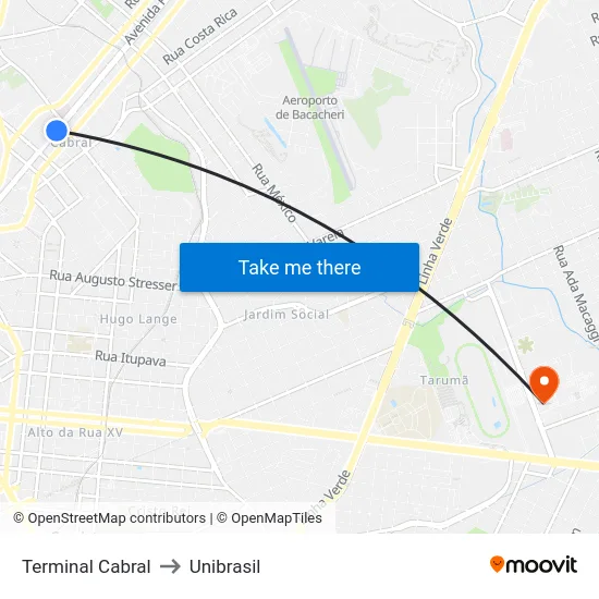 Terminal Cabral to Unibrasil map