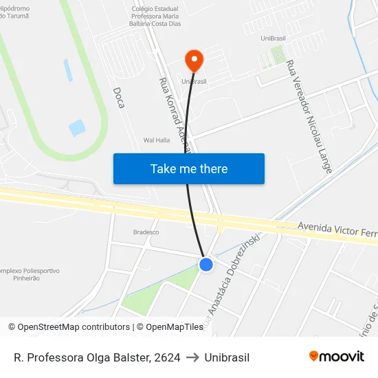 R. Professora Olga Balster, 2624 to Unibrasil map