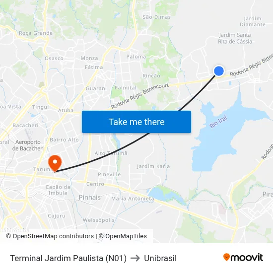 Terminal Jardim Paulista (N01) to Unibrasil map