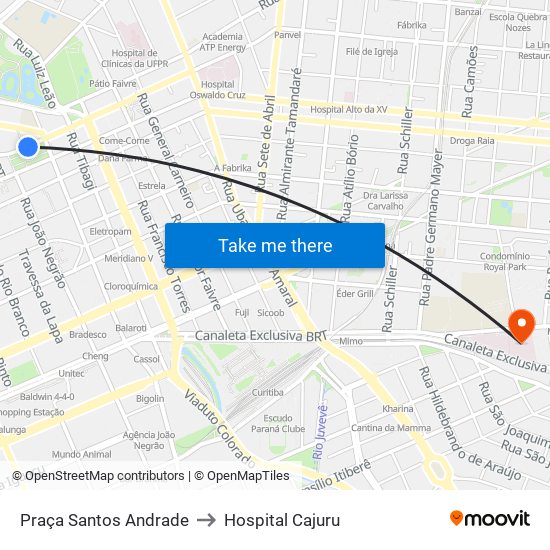 Praça Santos Andrade to Hospital Cajuru map