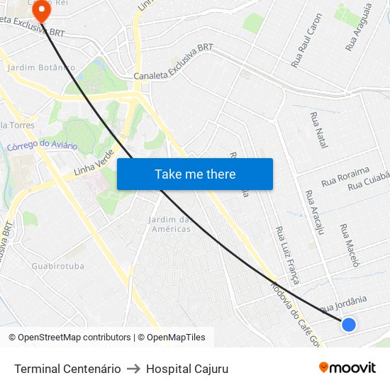 Terminal Centenário to Hospital Cajuru map