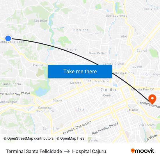 Terminal Santa Felicidade to Hospital Cajuru map