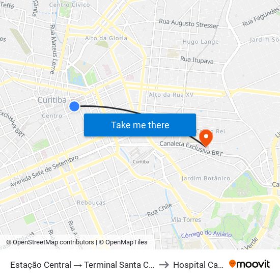 Estação Central → Terminal Santa Cândida to Hospital Cajuru map