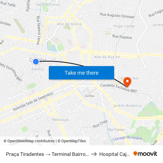 Praça Tiradentes → Terminal Bairro Alto to Hospital Cajuru map