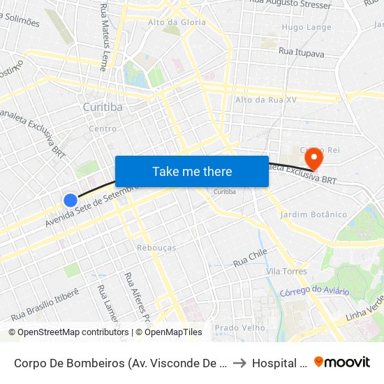 Corpo De Bombeiros (Av. Visconde De Guarapuava, 3571) to Hospital Cajuru map