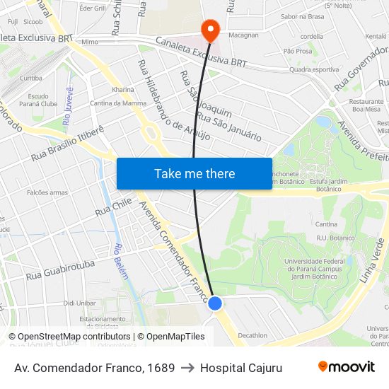 Av. Comendador Franco, 1689 to Hospital Cajuru map