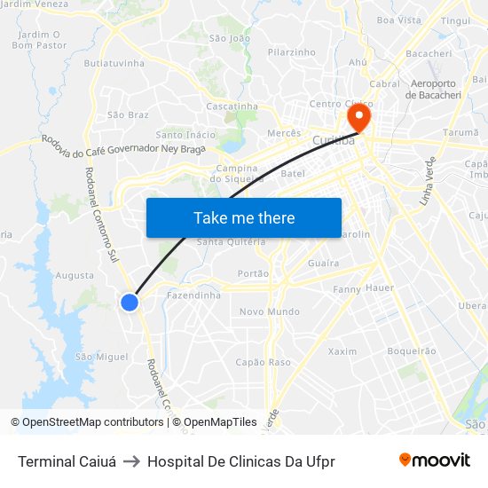Terminal Caiuá to Hospital De Clinicas Da Ufpr map